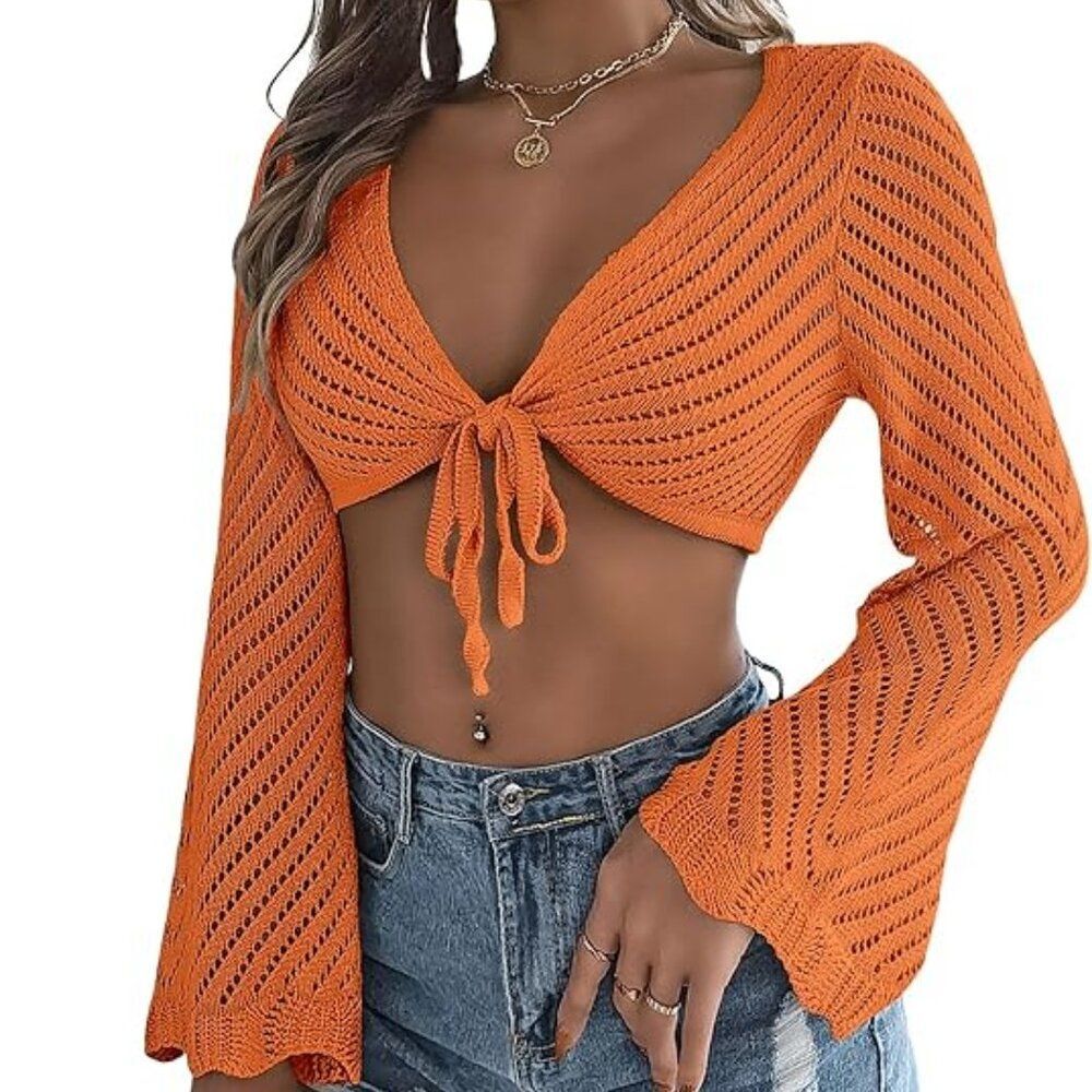 NWT Crochet Tie Front Cropped Cardigan | Orange Bell Sleeve Shrug | Size L - Picture 1 of 5